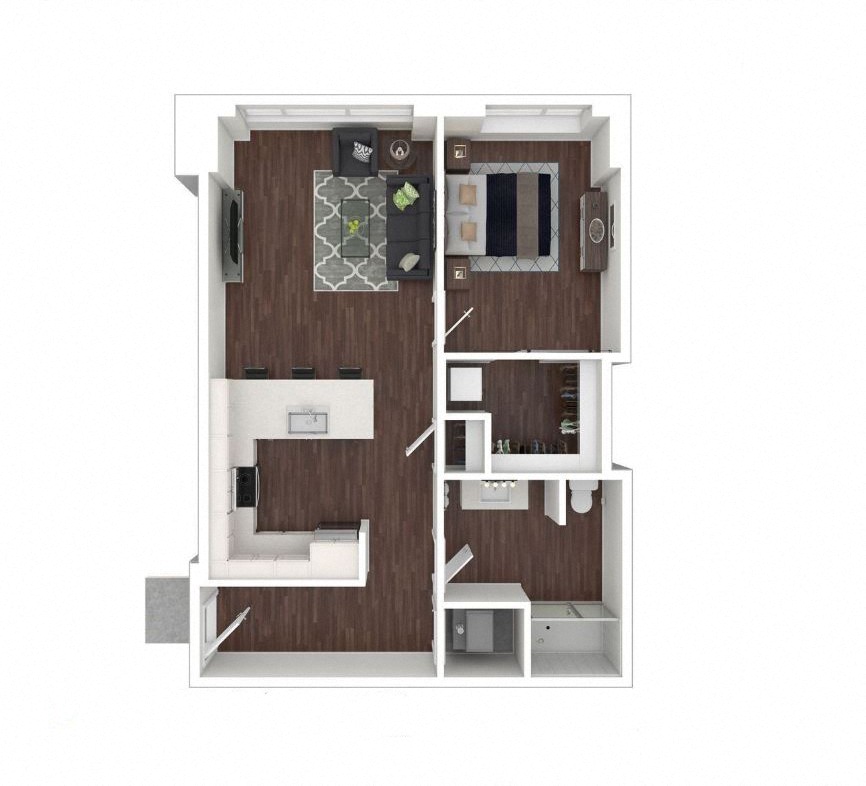 Floor plan for 1 bed, 1 bath, 783 sqft